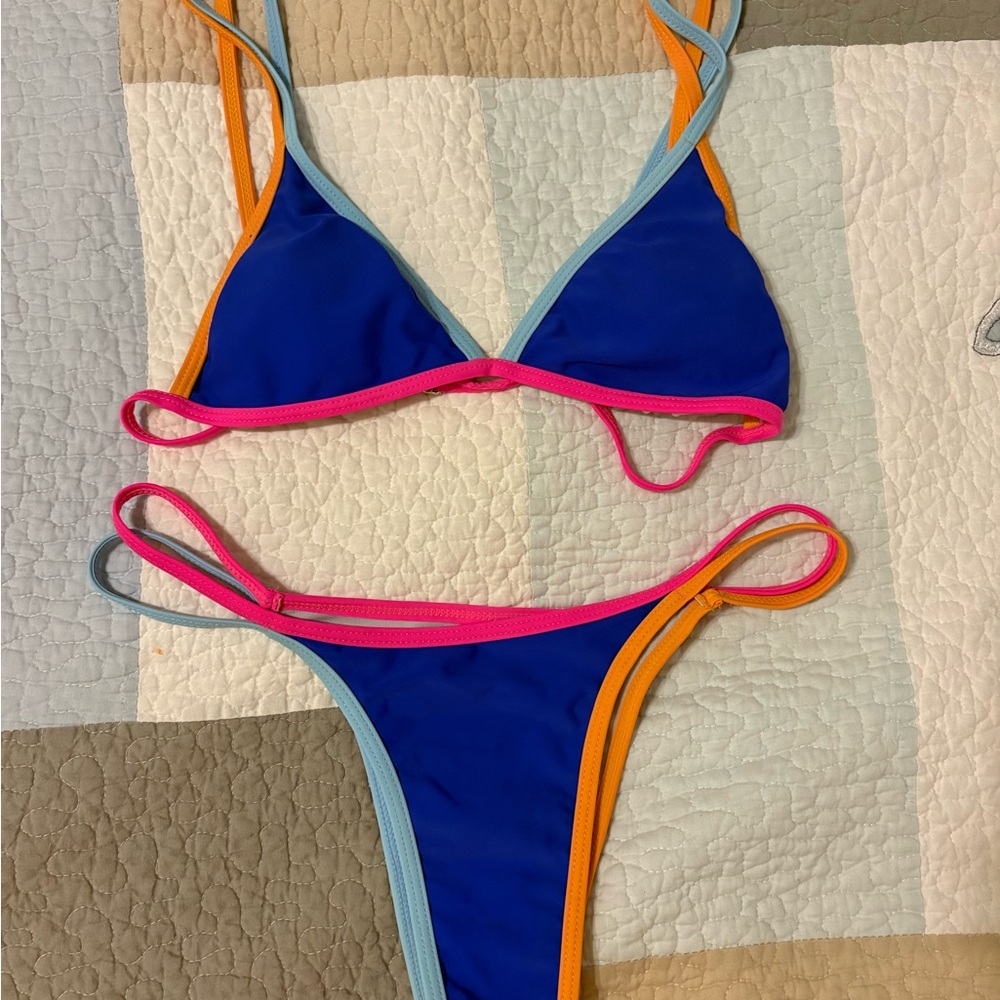 Colorblock Blue Bikini with Pink, Orange & Light Blue Trim